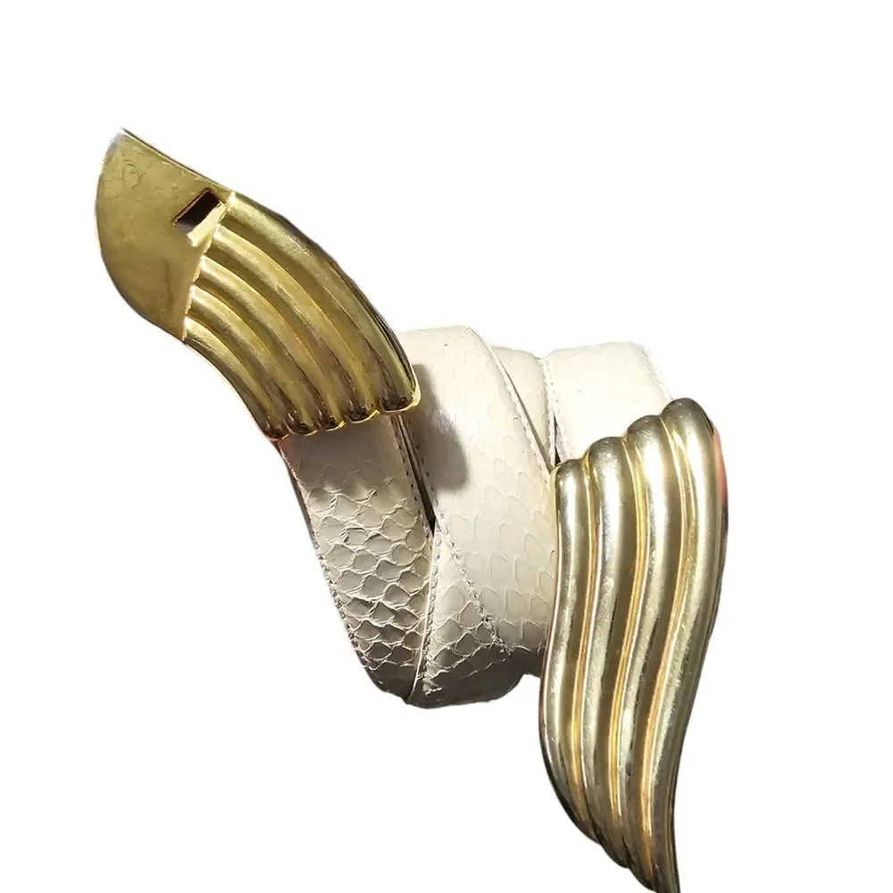 Liz Claiborne Genuine Snakeskin Belt Gold Wing Buckle Vintage 80s Glam Sz M Rare